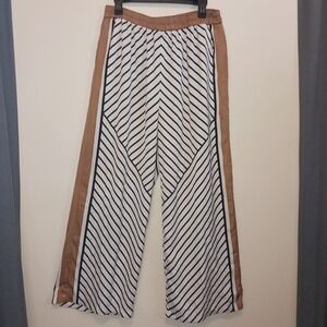 MODERN WORK Wide Flared Leg Striped‎ Palazzo long Pants XL Tan White lightweight